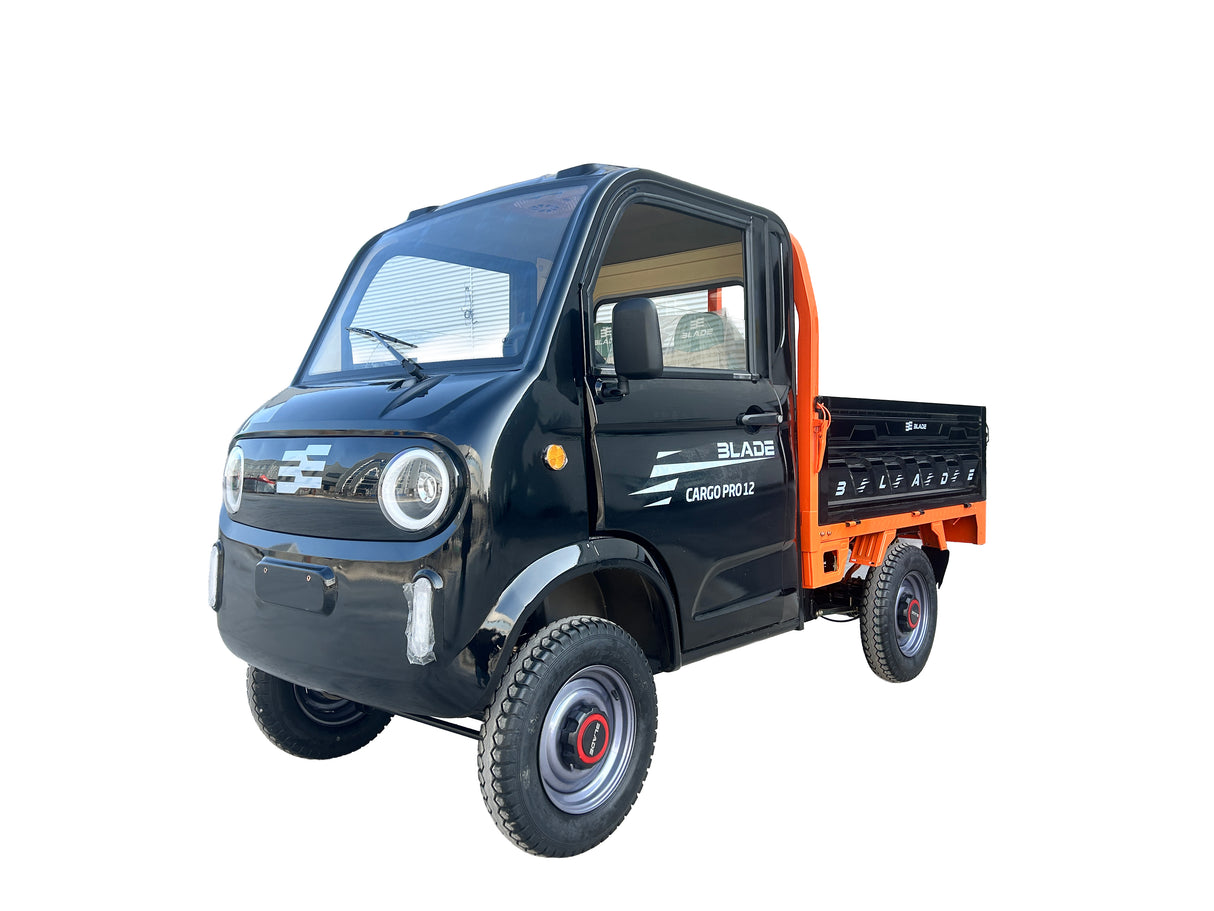 Masina Pickup Cargo electric fara permis BLADE - CARGO PRO 12, 3000W, 25 km/h, 72V 100Ah, 800 kg sarcina, autonomie 100 km, negru-portocaliu