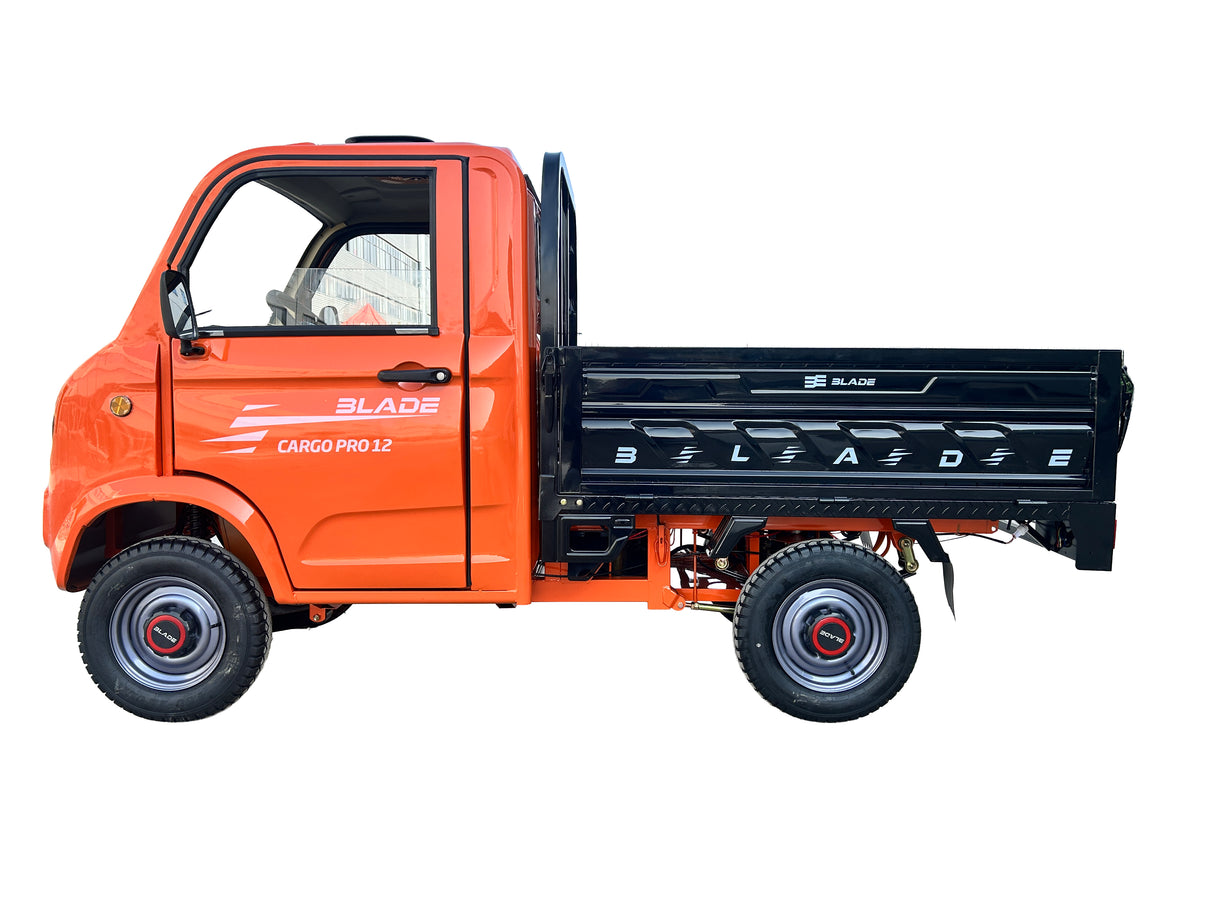 Masina Pickup Cargo electric fara permis BLADE - CARGO PRO 12, 3000W, 25 km/h, 72V 100Ah, 800 kg sarcina, autonomie 100 km, portocaliu-negru