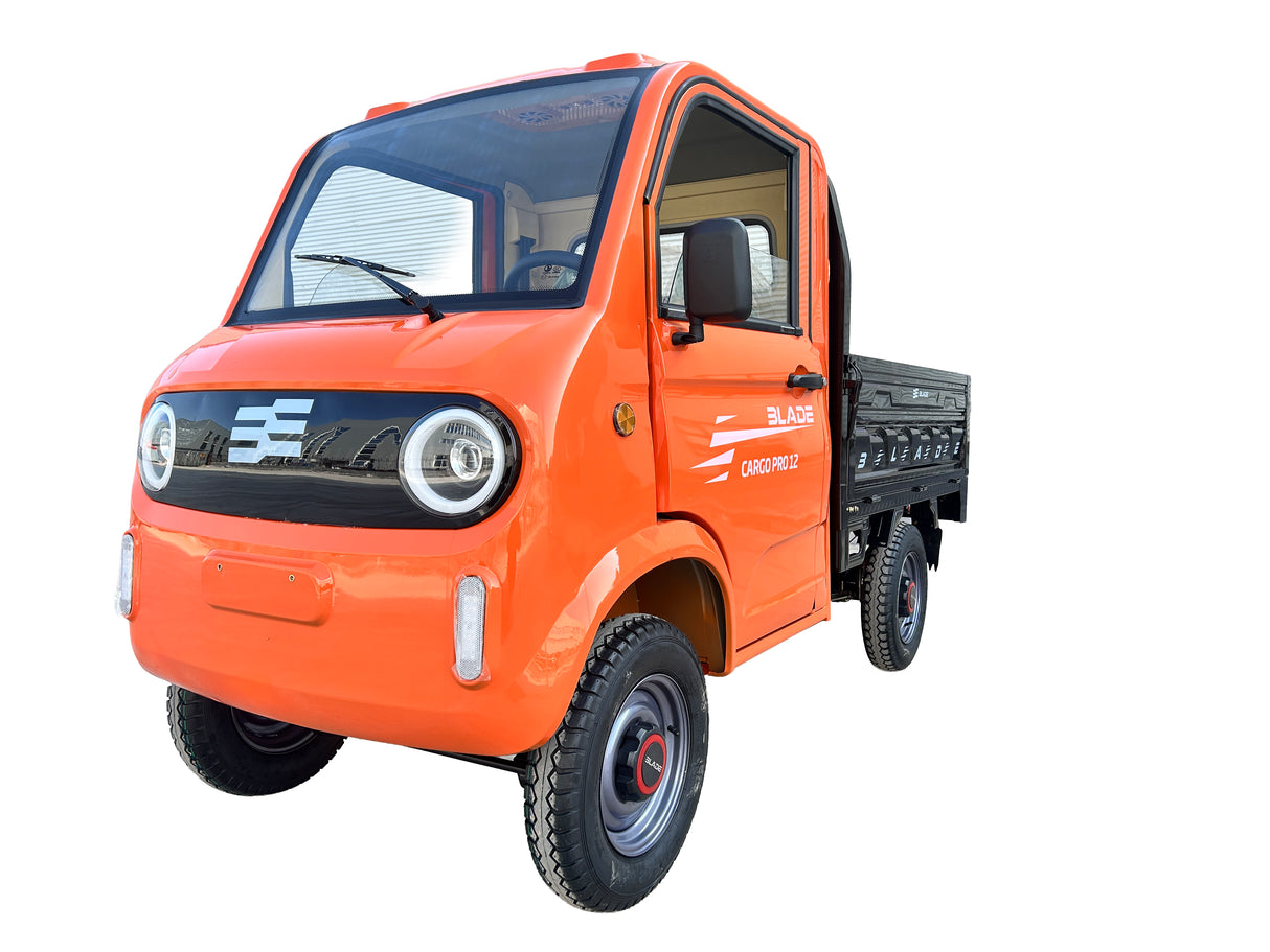 Masina Pickup Cargo electric fara permis BLADE - CARGO PRO 12, 3000W, 25 km/h, 72V 100Ah, 800 kg sarcina, autonomie 100 km, portocaliu-negru