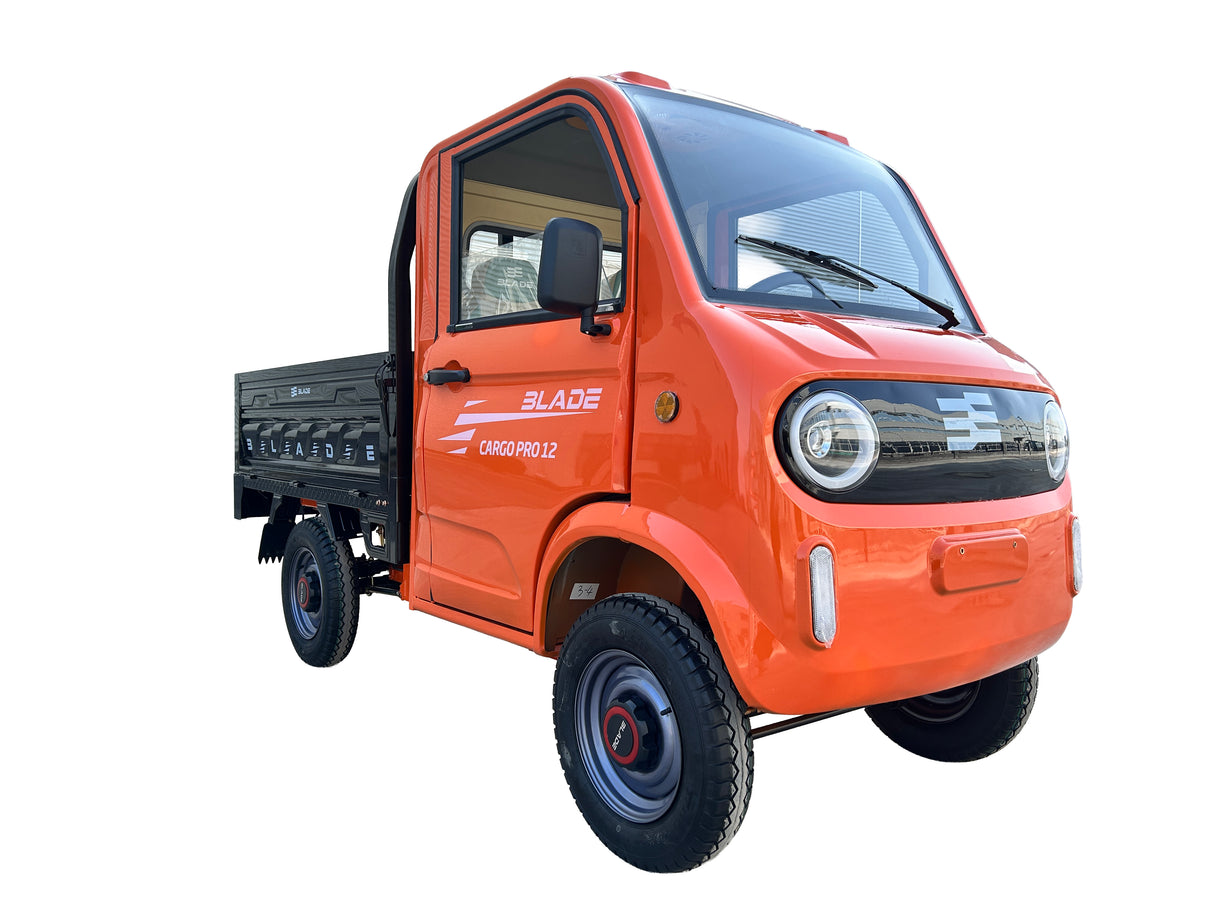 Masina Pickup Cargo electric fara permis BLADE - CARGO PRO 12, 3000W, 25 km/h, 72V 100Ah, 800 kg sarcina, autonomie 100 km, portocaliu-negru