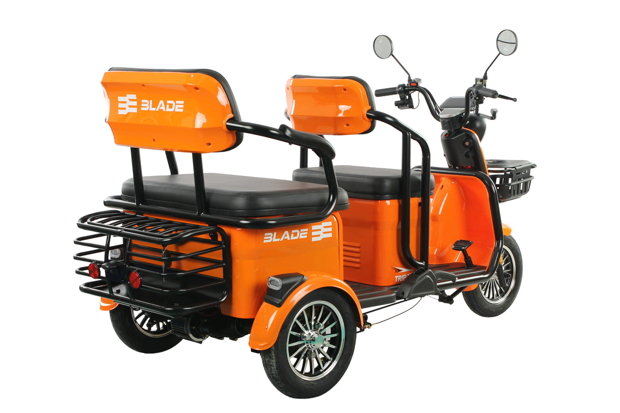 Triciclu electric Blade TRIP X2 2000 W, 25 km/h, autonomie pana la 70 km, baterie plumb- acid 72 V 20 Ah, greutate maxima 160  kg, Fara permis, negru-portocaliu