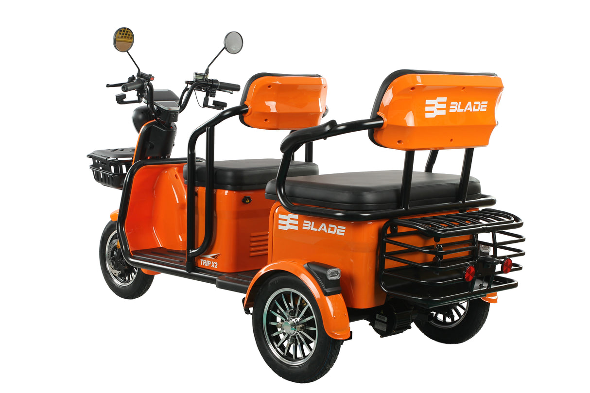 Triciclu electric Blade TRIP X2 2000 W, 25 km/h, autonomie pana la 70 km, baterie plumb- acid 72 V 20 Ah, greutate maxima 160  kg, Fara permis, negru-portocaliu
