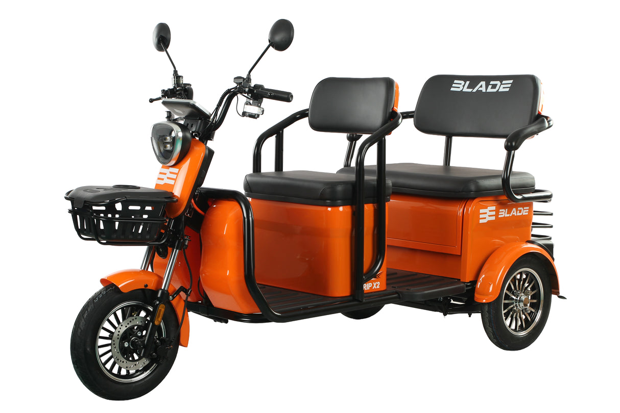 Triciclu electric Blade TRIP X2 2000 W, 25 km/h, autonomie pana la 70 km, baterie plumb- acid 72 V 20 Ah, greutate maxima 160  kg, Fara permis, negru-portocaliu