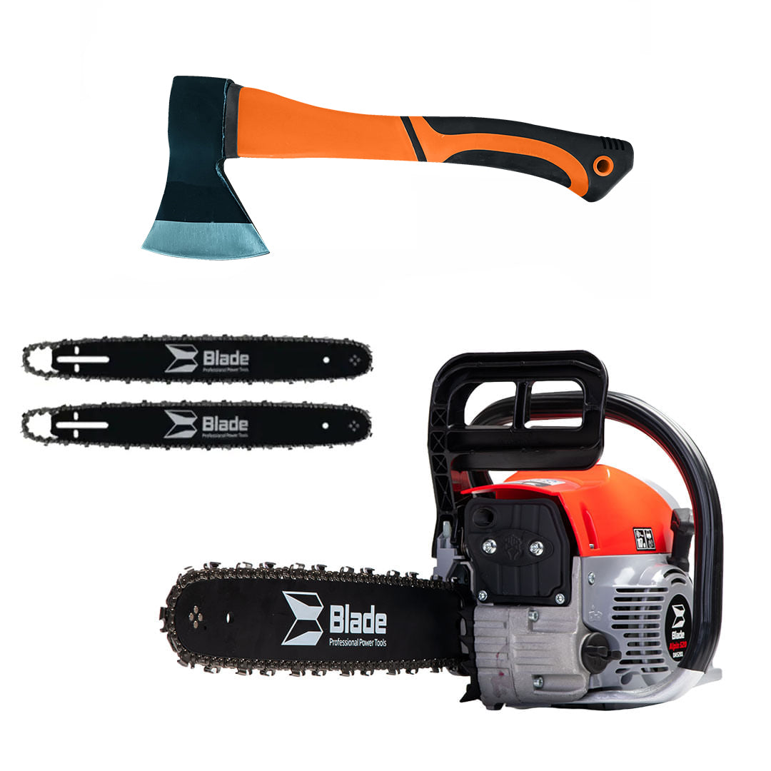 Drujba pe benzina BLADE Alpin 520 - 5CP, 2 lame si 2 lanturi + toporisca fibra Wolfson