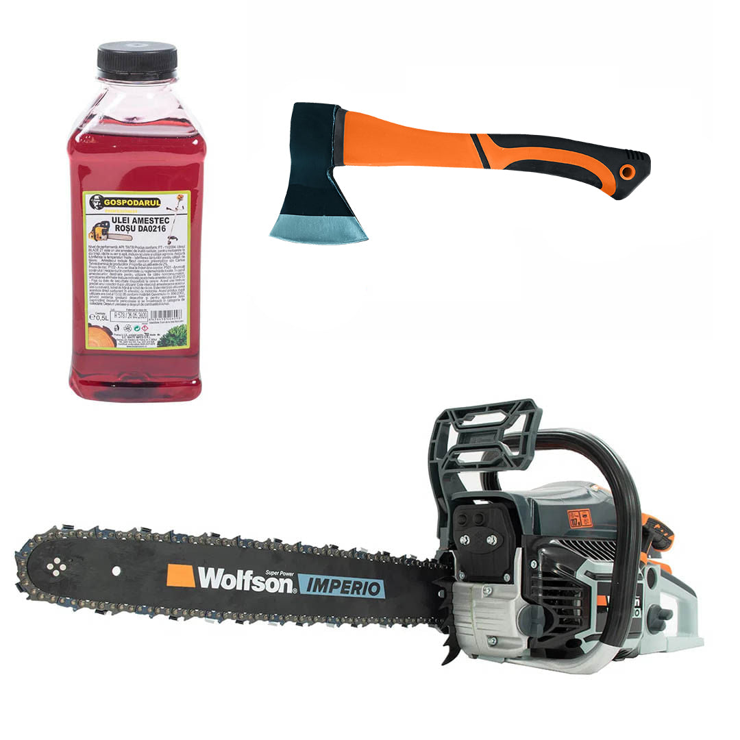 Drujba pe benzina WOLFSON IMPERIO 6000 - 3.2 CP, 52cc + ulei amestec 0.5L, toporisca fibra Wolfson