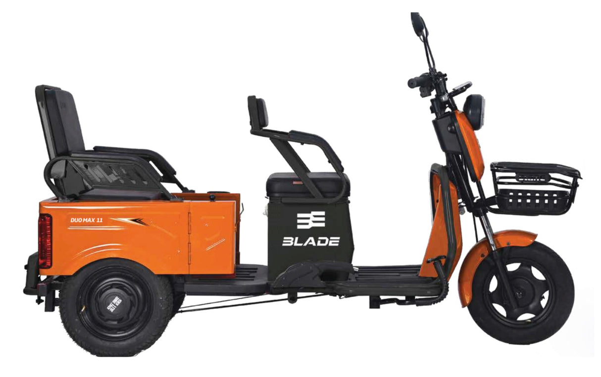Triciclu electric BLADE DUO MAX 11, 1200W, 60V 20Ah, 25 km/h, fara permis, autonomie 50 km, 3+1 viteze, portocaliu-negru