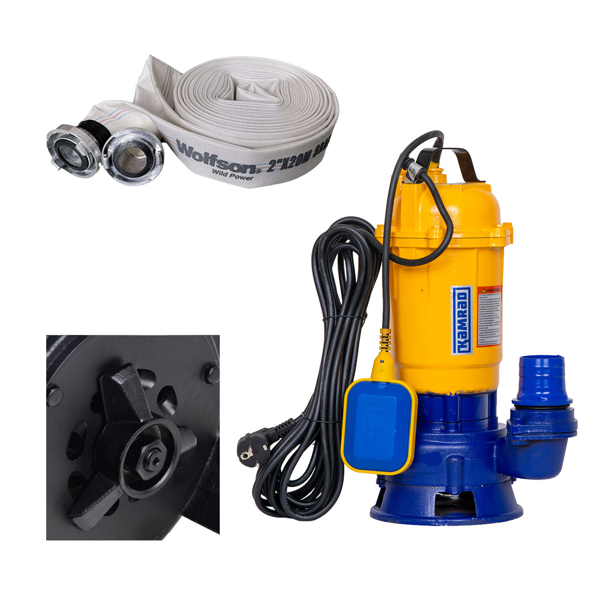 Pompa submersibila de apa murdara cu tocator Kamrad WQCD-K3300, 1300W, 25000 l/h, adancime 8m + furtun pompieri 2" 20 m