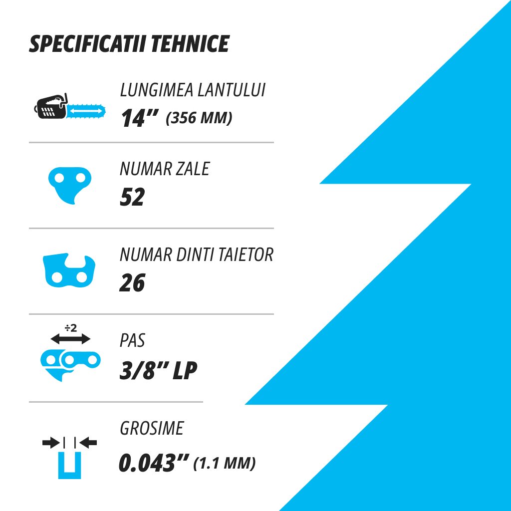 Lant pentru drujba KUZA, Lungime 14", pas 3/8" LP, grosime 043"-1.1 mm, 52 Zale, 3 lanturi/pachet
