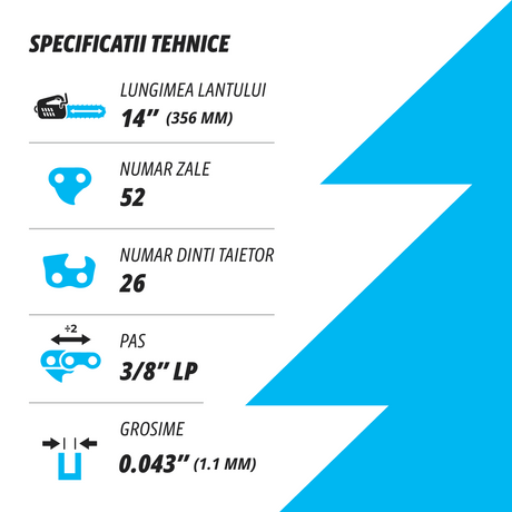 Lant pentru drujba KUZA, Lungime 14", pas 3/8" LP, grosime 043"-1.1 mm, 52 Zale, 3 lanturi/pachet