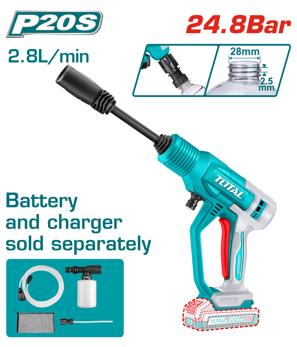 Aparat de spalat cu presiune TOTAL 20V – Portabil, 24.8 Bar, Autoabsorbtie, Li-Ion