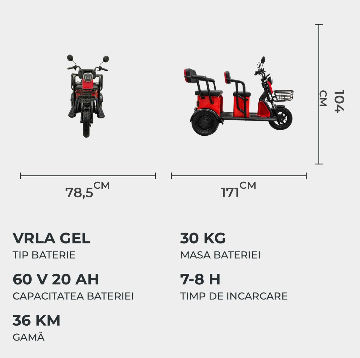 Tricicleta electrica, Volta APM5, Rosu, viteza maxima 25 km/h, Autonomie pana la 40 km