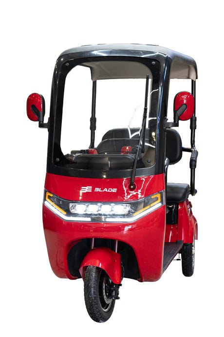 Triciclu electric pentru 2 persoane BLADE CAB X3, 1200W, 25 km/h, autonomie pana la 70 km, baterie 72V 20Ah, cu acoperis, Rosu/Negru