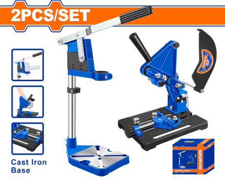 Set WADFOW 2 buc. – stand pentru polizor unghiular 100–125 mm si stand pentru bormasina, aluminiu + baza fonta
