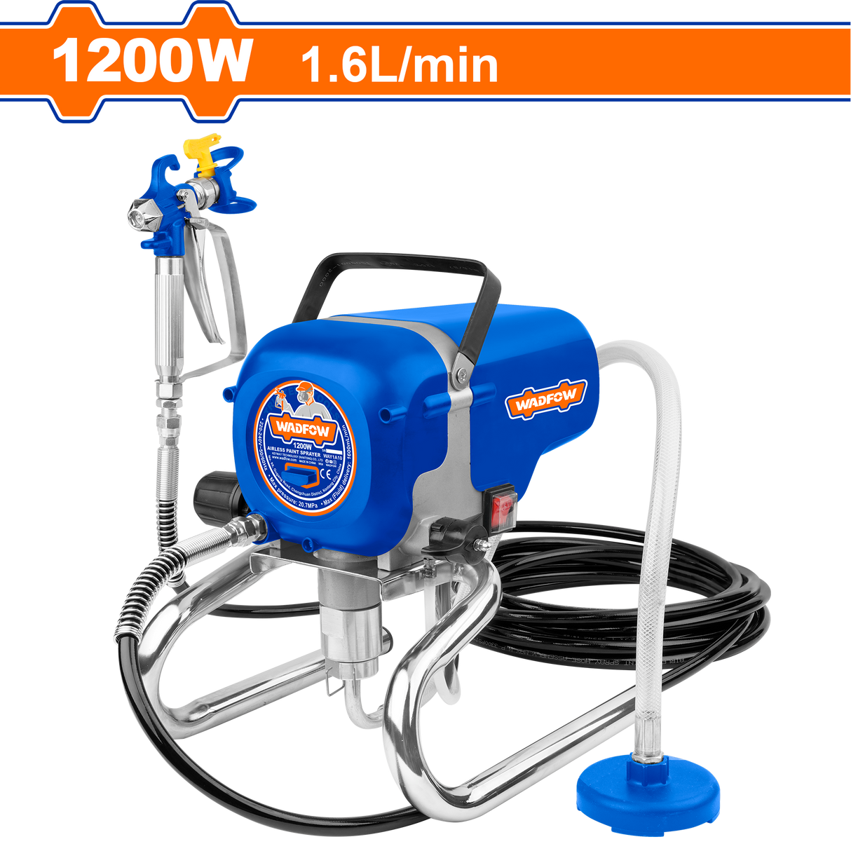 Pistol de vopsit si zugravit fara aer WADFOW 1200W, airless, debit 1600 ml/min
