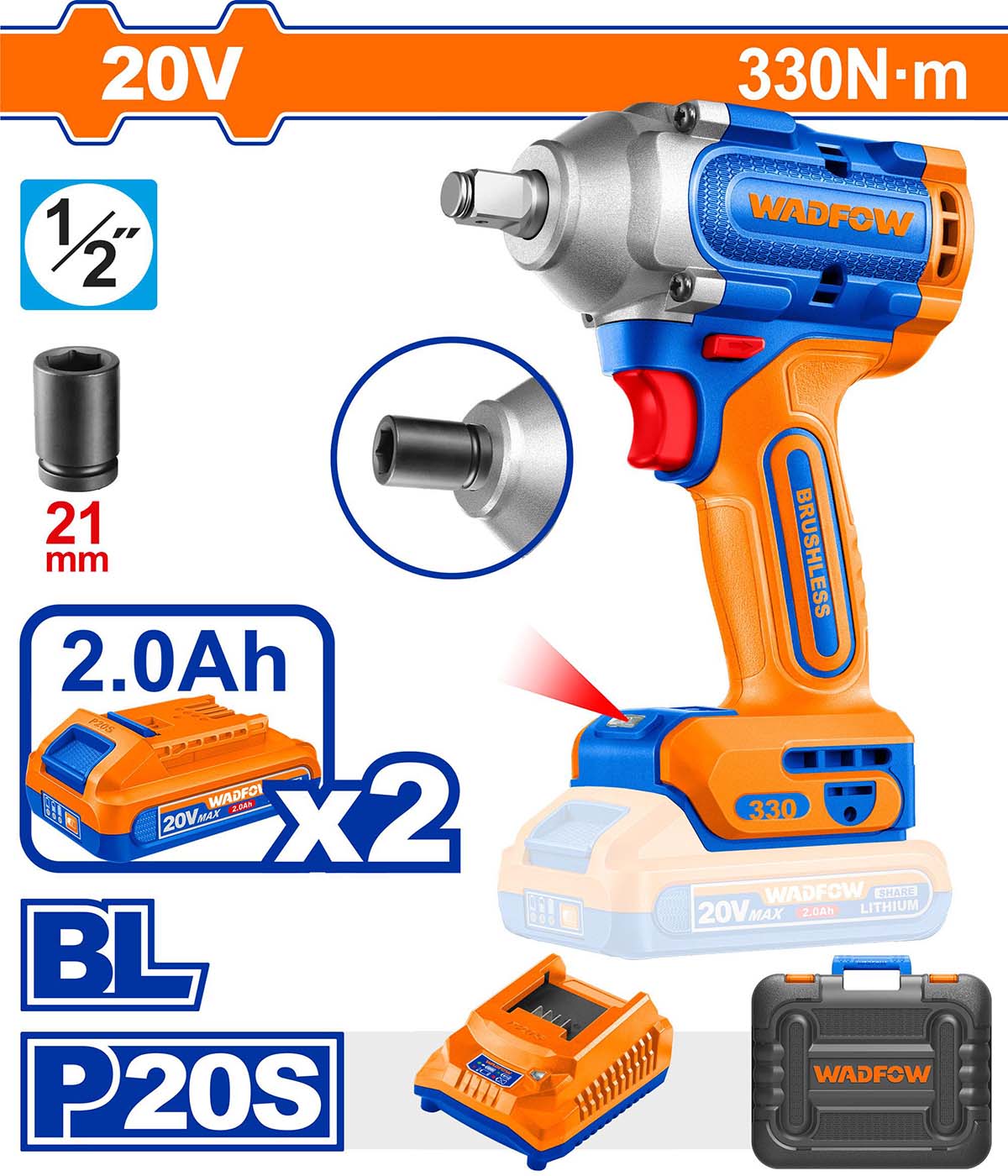 Masina de insurubat cu impact WADFOW 20V, 1/2" – motor fara perii, 330Nm, 2 baterii 2.0Ah + incarcator