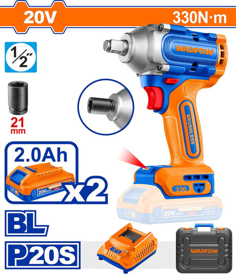 Masina de insurubat cu impact WADFOW 20V, 1/2" – motor fara perii, 330Nm, 2 baterii 2.0Ah + incarcator