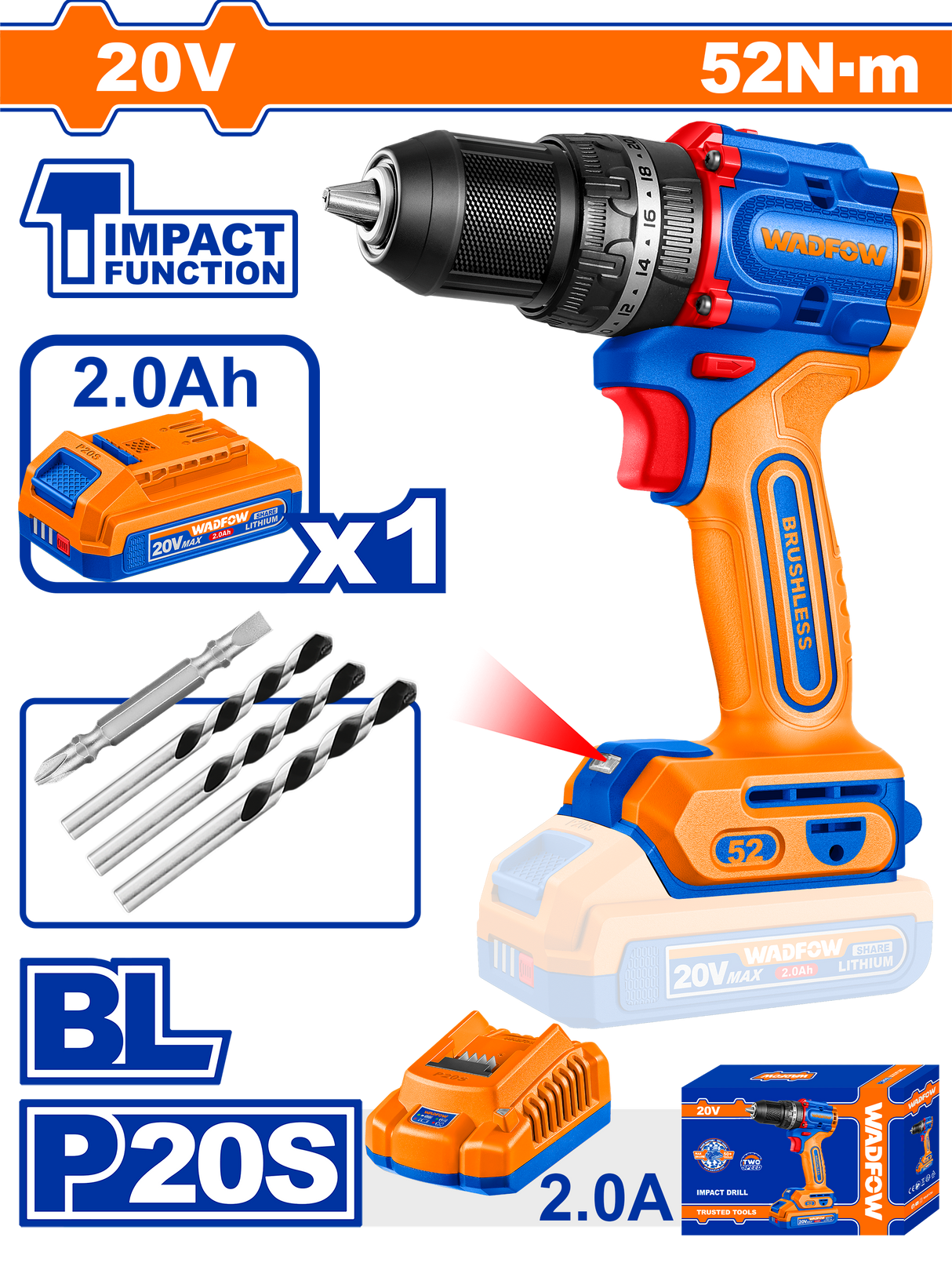 Masina de gaurit cu percutie WADFOW 20V Li-Ion 2.0Ah, 52 Nm (INCLUDE 1 ACUMULATOR, 1 INCARCATOR)