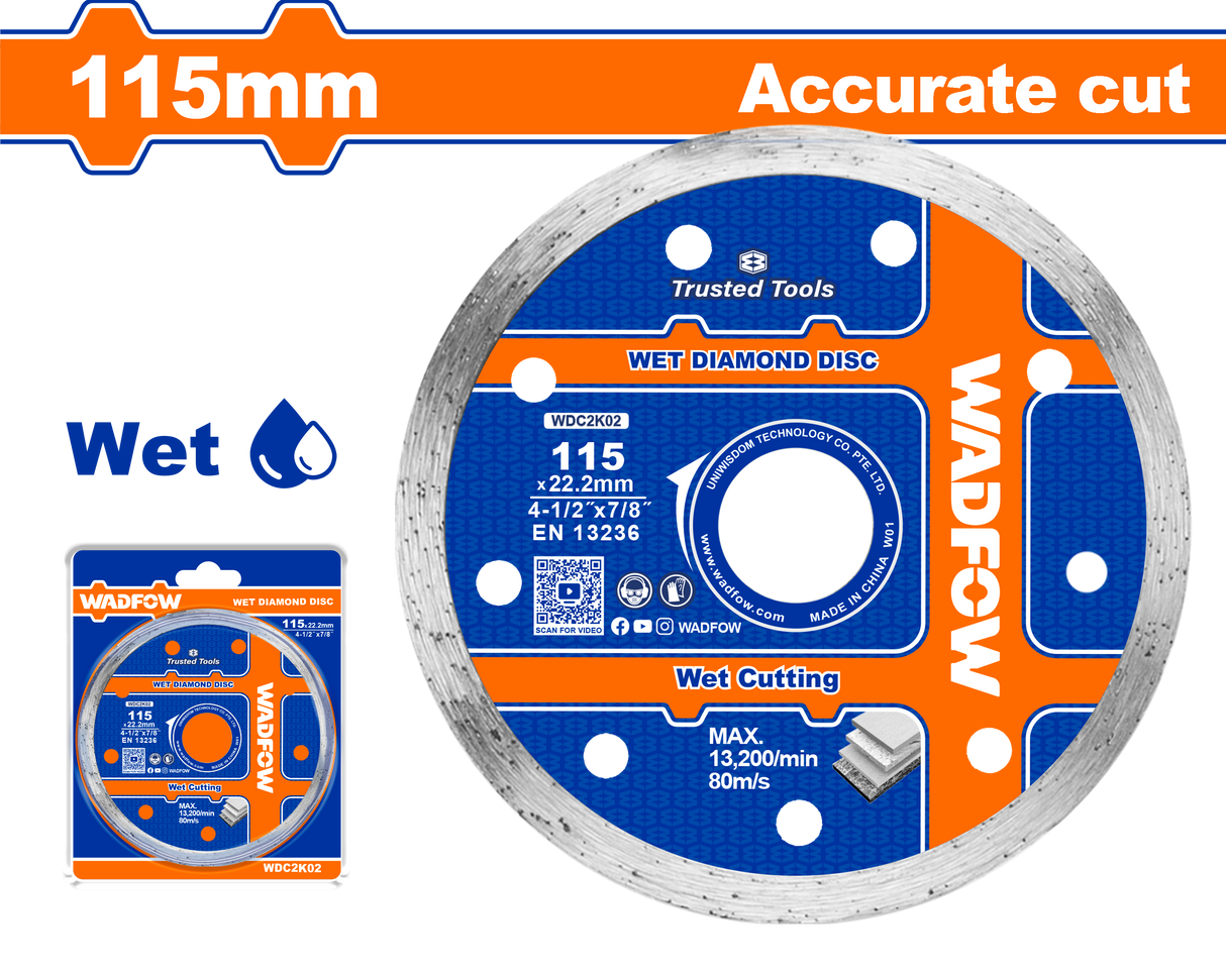 Disc diamantat continuu pentru ceramica Wadfow, taiere umeda, 115x22.2mm