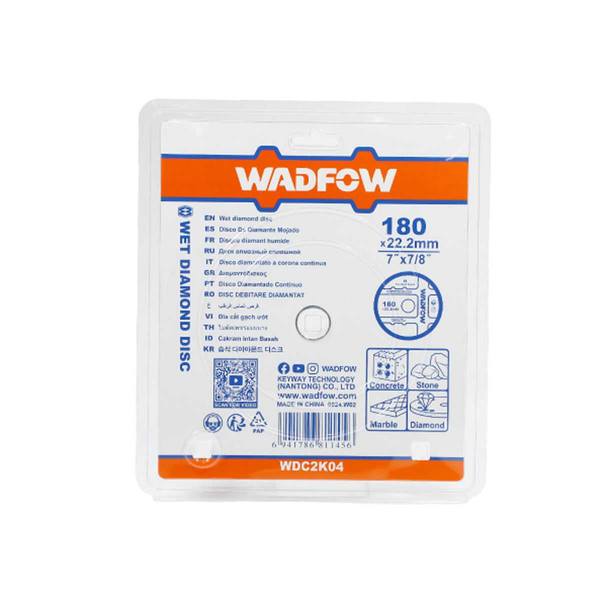 Disc diamantat continuu pentru ceramica Wadfow, taiere umeda, 180x22.2mm