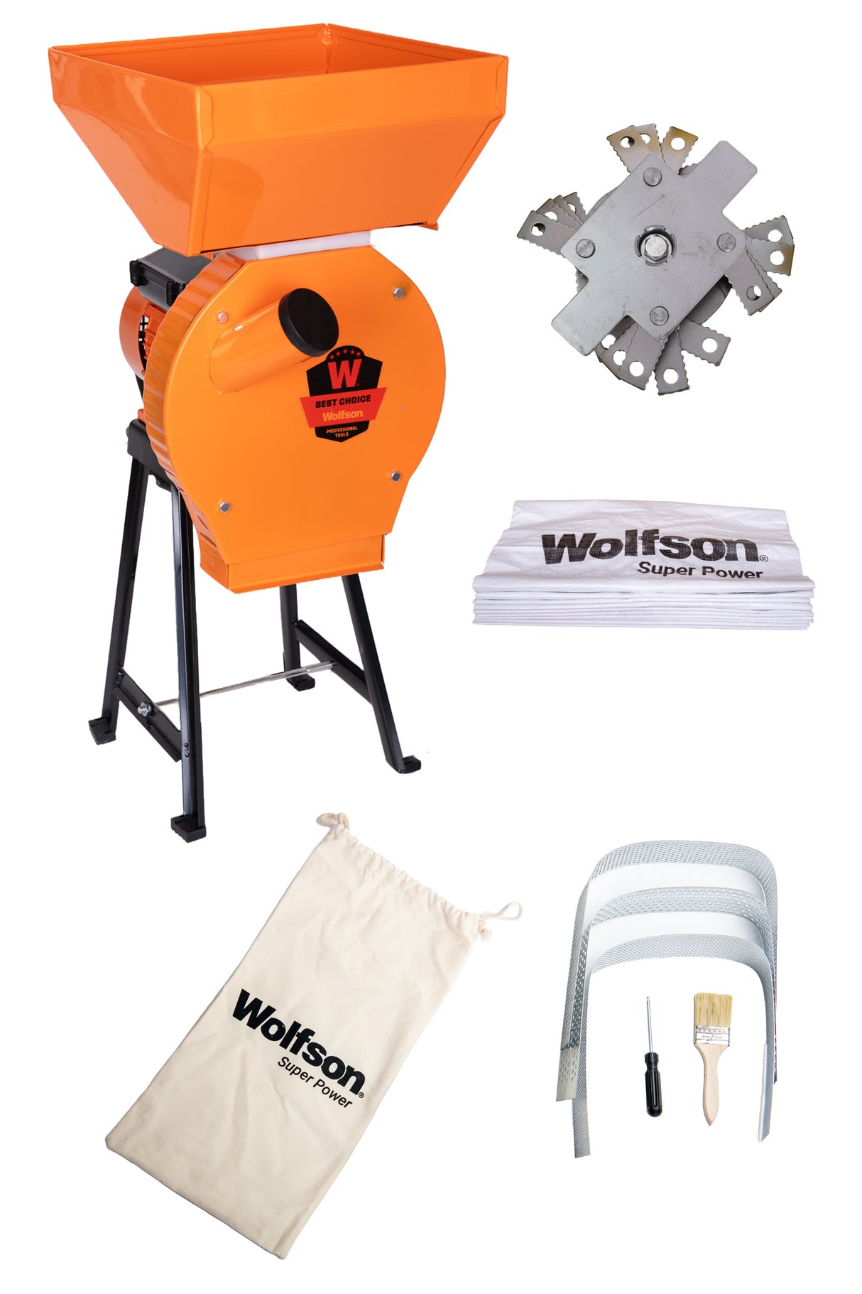Moara pentru cereale Wolfson cu suport metalic - 2in1, 2700W, 200kg/h + accesoriu furaje, fructe si legume