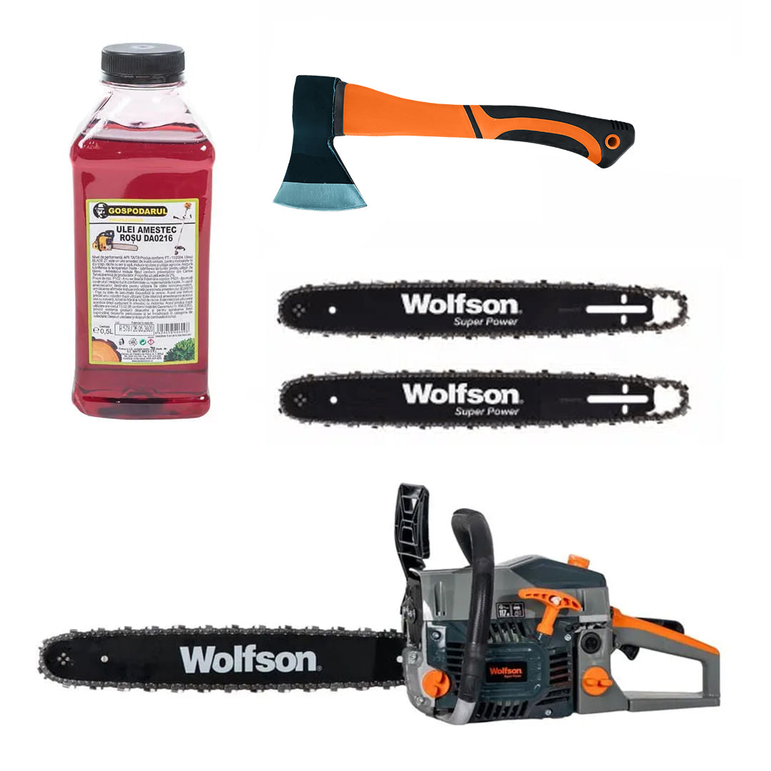 Drujba pe benzina WOLFSON STX-620, 3.5CP, 58CC, 2 lame, 2 lanturi + ulei amestec 0.5L, toporisca fibra Wolfson