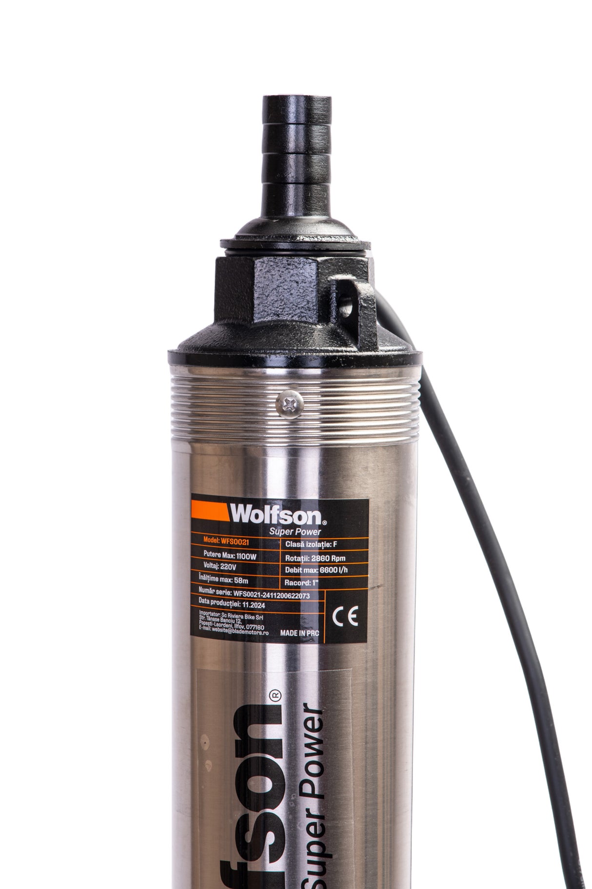Pompa submersibila apa curata 1100W, WOLFSON® PM-1500-8, 8 turbine, cablu 25m, 6600L/h, inaltime max pompare 58m, diametru 100mm, motor capsulat