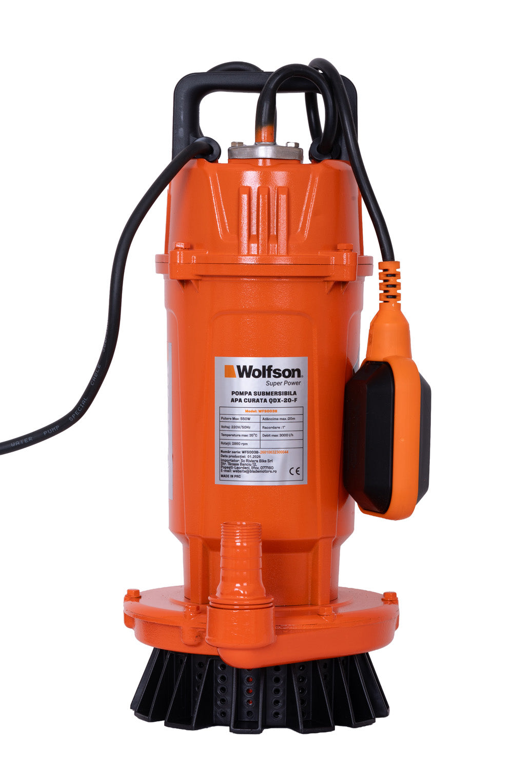 Pompa submersibila apa curata cu plutitor Wolfson QDX-20-F, 550W, 3000 l/h, 1", adancime de absorbtie 8m