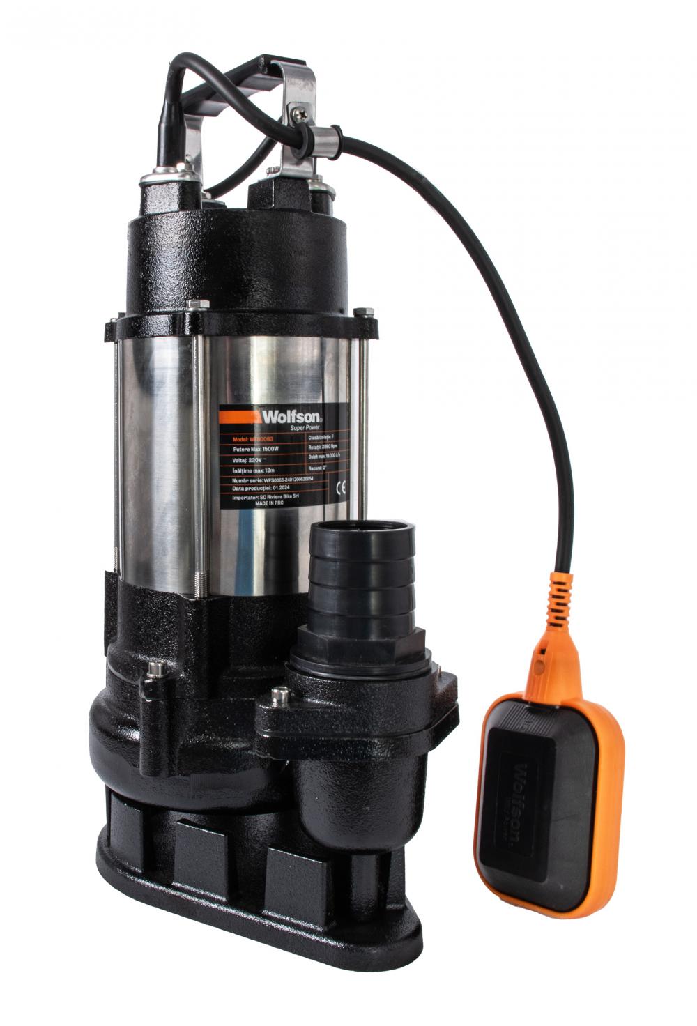 Pompa submersibila apa murdara Wolfson DW-7500-F, 1500W, debit maxim 10000 l/h + furtun 40m