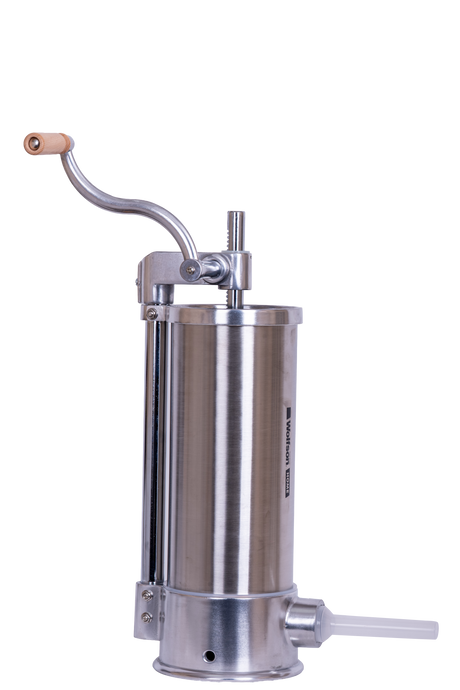 Masina manuala de umplut carnati Wolfson Home K2070SV 6 kg, corp inox si aluminiu, 6 palnii, actionare cu cremaliera, montaj vertical