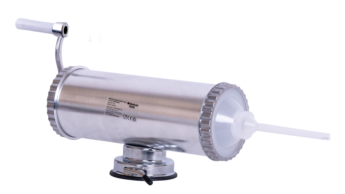 Masina manuala de umplut carnati Wolfson Home K2005A, 3 kg, corp aluminiu, cu ventuza, 5 palnii, montaj orizontal