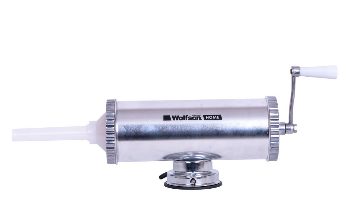 Masina manuala de umplut carnati Wolfson Home K2005A, 3 kg, corp aluminiu, cu ventuza, 5 palnii, montaj orizontal