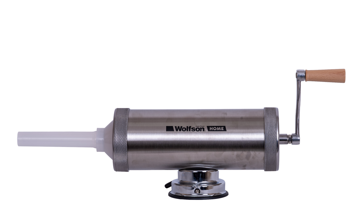 Masina manuala de umplut carnati Wolfson Home K2005S, 3 kg, corp inox, cu ventuza, 5 palnii, montaj orizontal