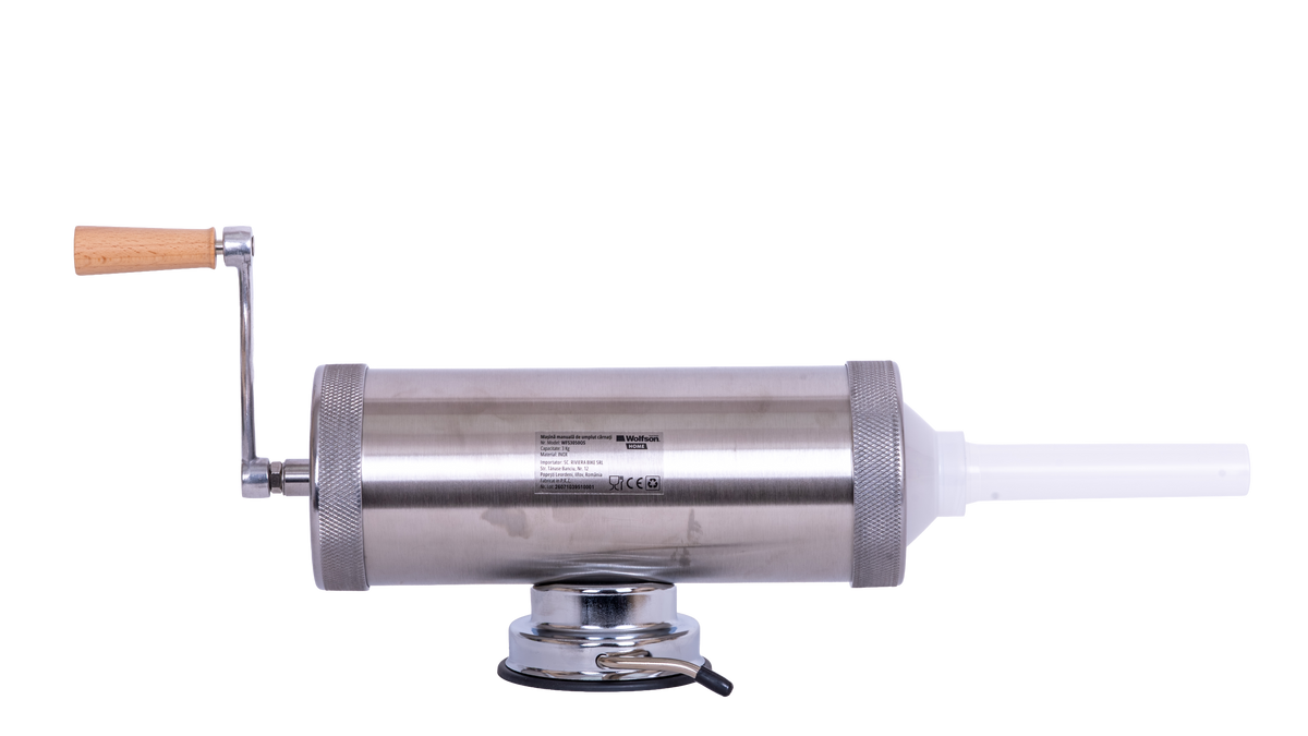 Masina manuala de umplut carnati Wolfson Home K2005S, 3 kg, corp inox, cu ventuza, 5 palnii, montaj orizontal