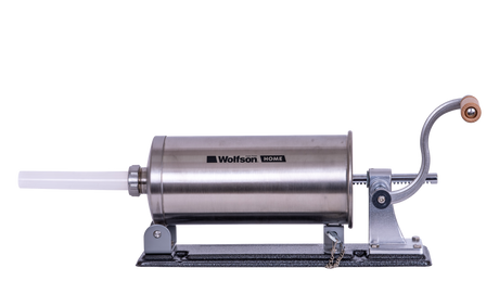 Masina manuala de umplut carnati Wolfson Home K2006PA, 3 kg, corp inox, 5 palnii, actionare cu cremaliera, montaj orizontal