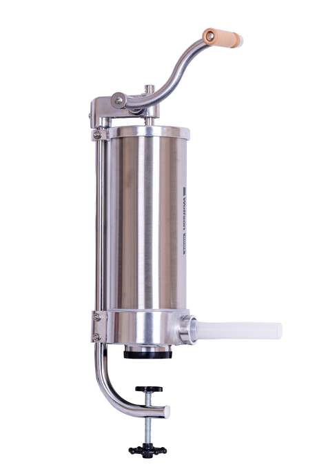 Masina manuala de umplut carnati Wolfson Home K2006VS 3 kg, corp inox si aluminiu, 5 palnii, actionare cu cremaliera, montaj vertical