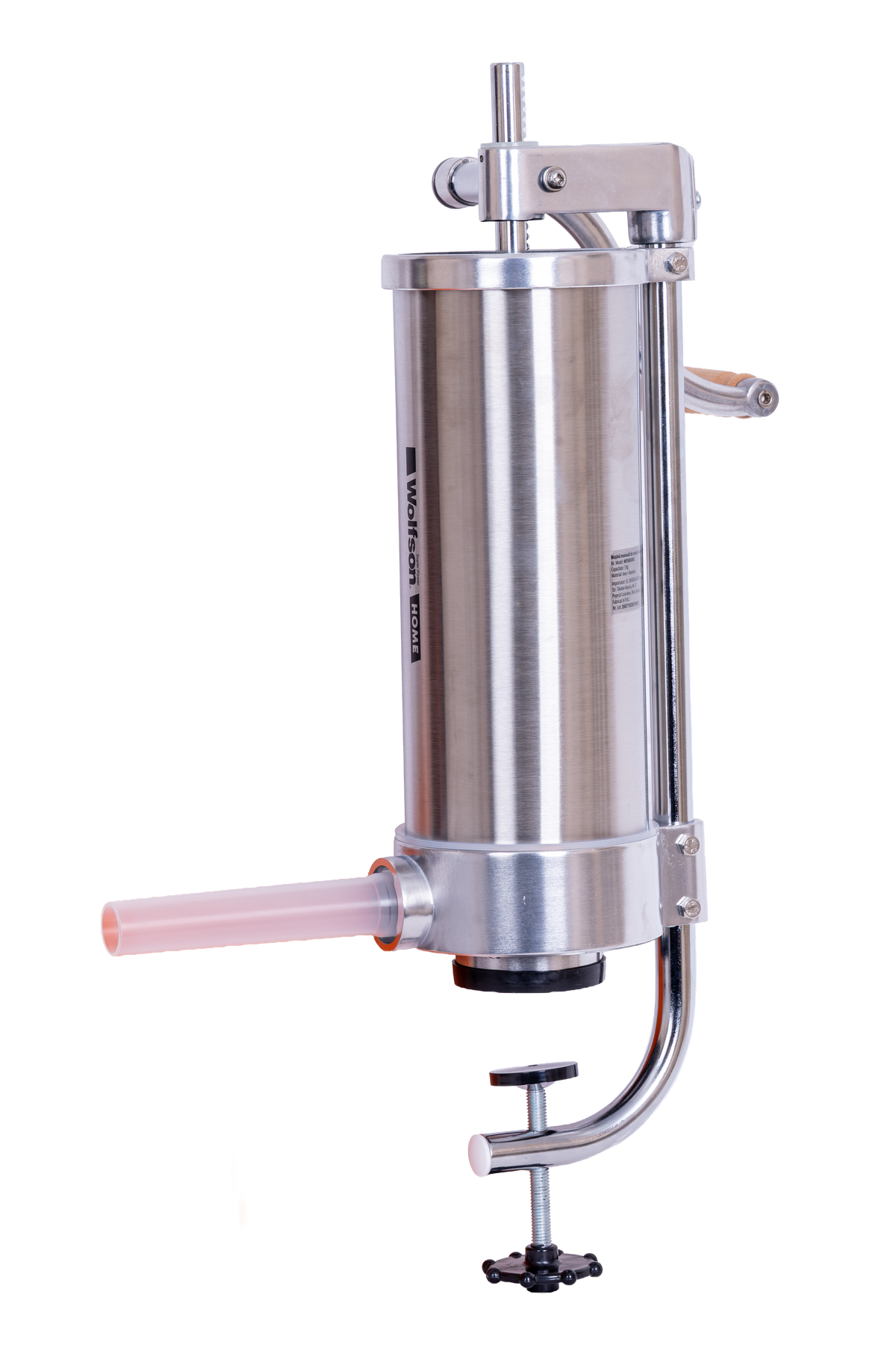 Masina manuala de umplut carnati Wolfson Home K2006VS 3 kg, corp inox si aluminiu, 5 palnii, actionare cu cremaliera, montaj vertical