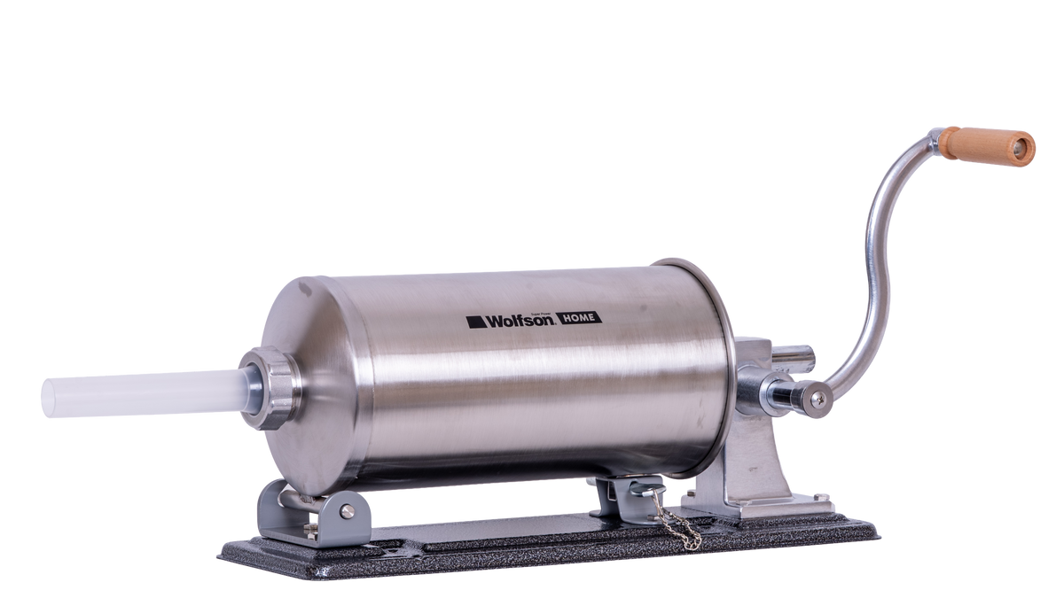 Masina manuala de umplut carnati Wolfson Home K2010PA 6 kg, corp inox si aluminiu, 5 palnii, actionare cu cremaliera, montaj orizontal