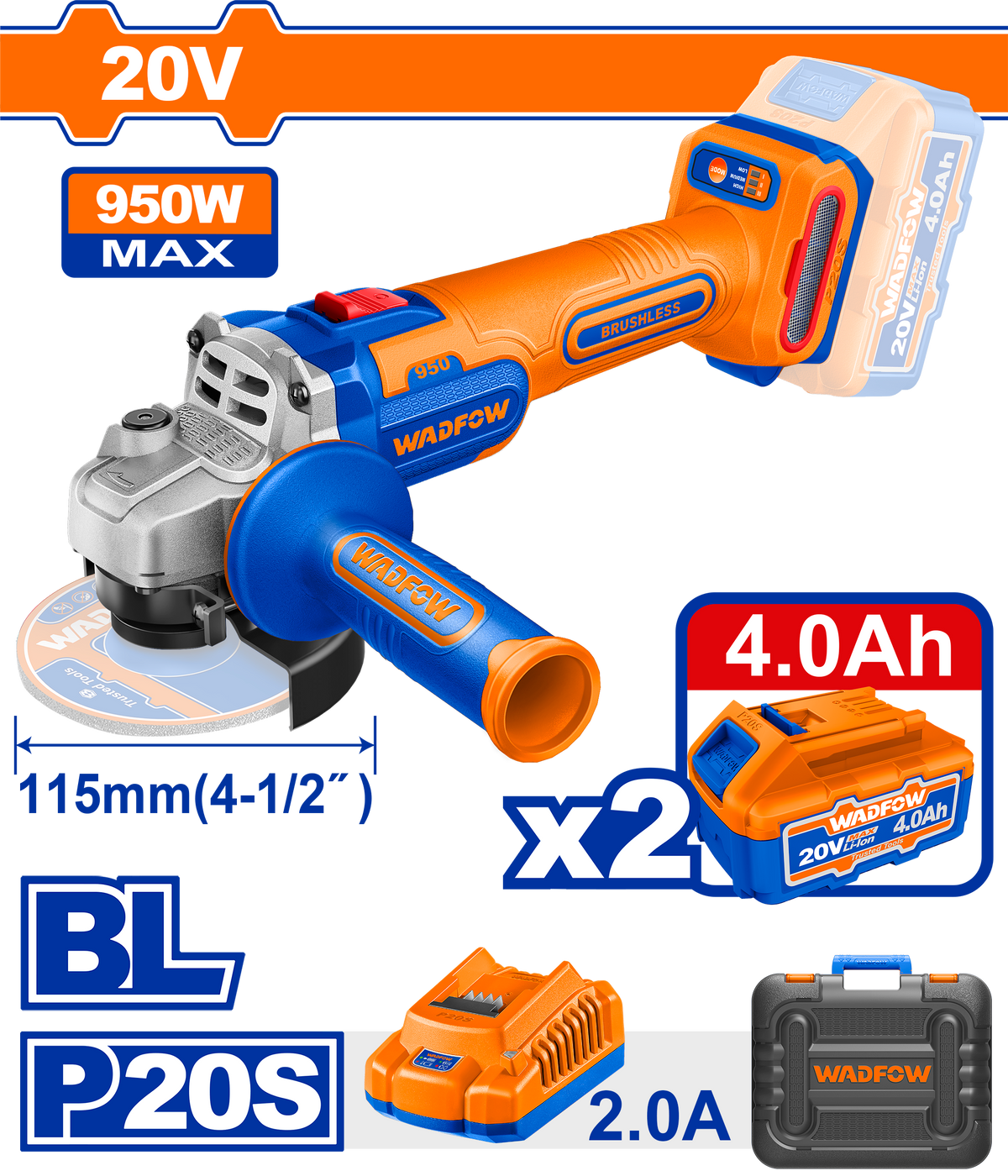 Polizor unghiular pe acumulator WADFOW 20V, 950W, 115mm, motor fara perii, 3 trepte de viteza, 2 acumulatori 4.0Ah, incarcator