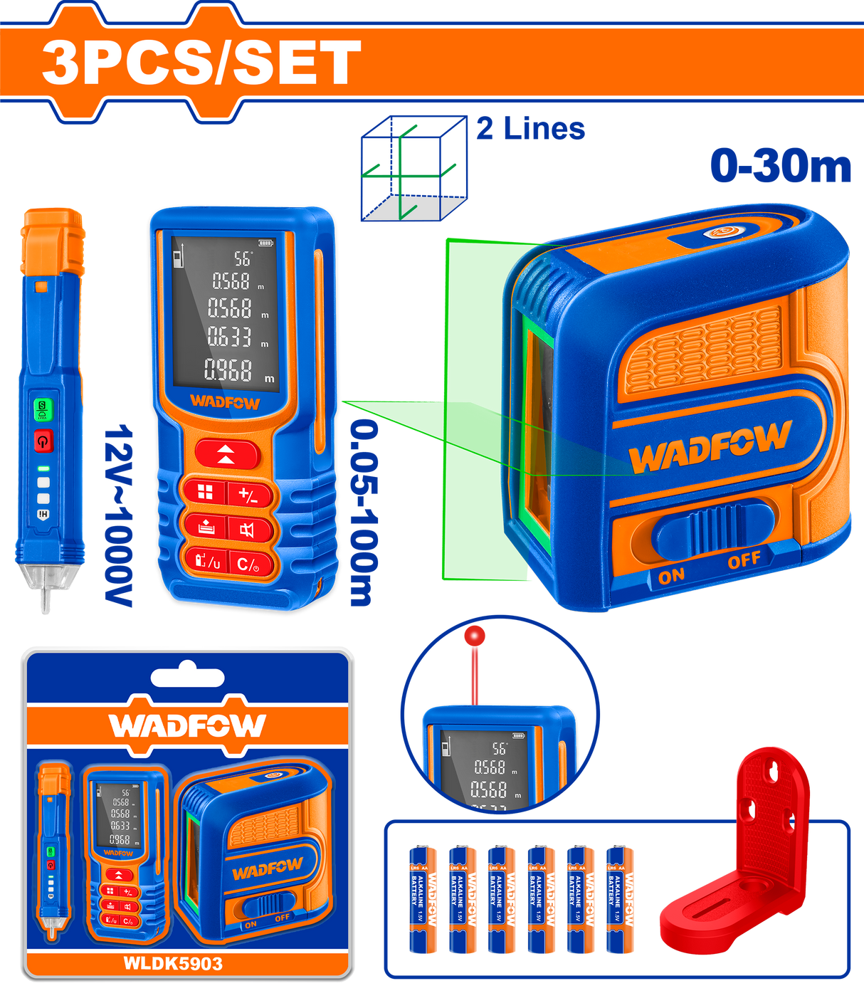 Kit masurare WADFOW cu Telemetru laser, Nivela laser verde si Detector de tensiune CA, auto-nivelare, 100 m