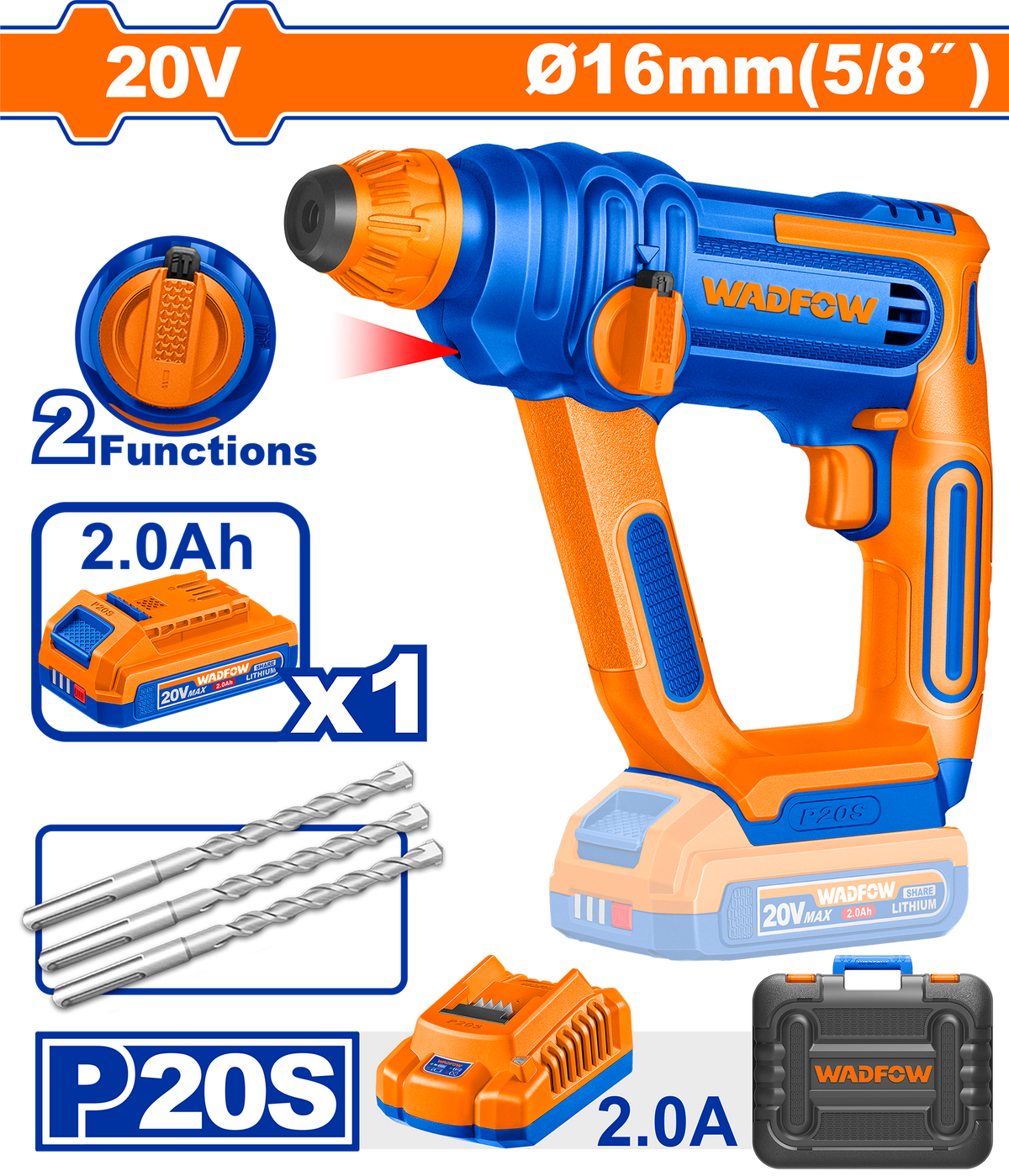 Ciocan rotopercutor pe acumulator WADFOW 20V, 1.5J, SDS Plus, 16mm, 850 rpm, acumulator 2.0Ah, incarcator
