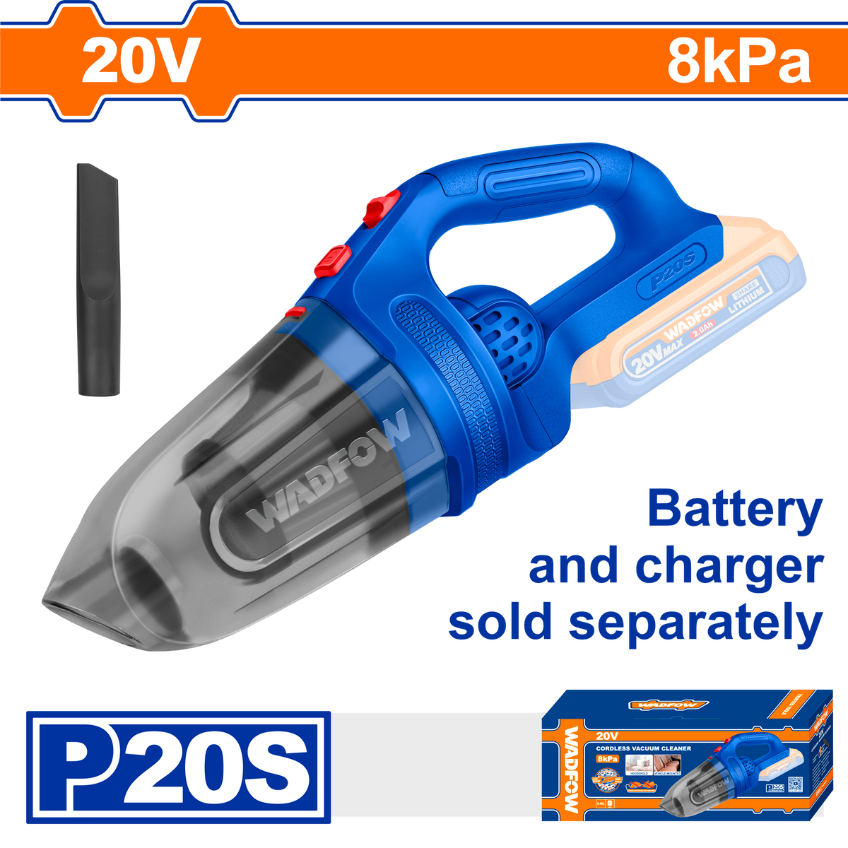 Aspirator de mana WADFOW 20V, 8 kPa, recipient 0.45L, duza pentru spatii inguste, nu include acumulator si incarcator