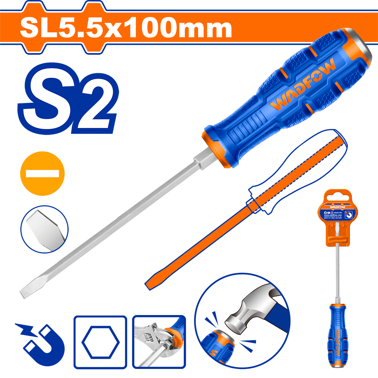 Surubelnita mecanica Wadfow, otel, tip varf magnetic drept SL5.5, lungime 100mm