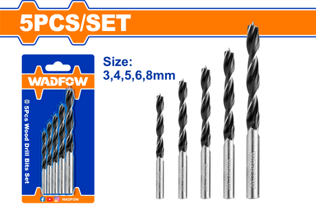 Set 5 burghie spirala pentru lemn Wadfow, 3, 4, 5, 6, 8 mm