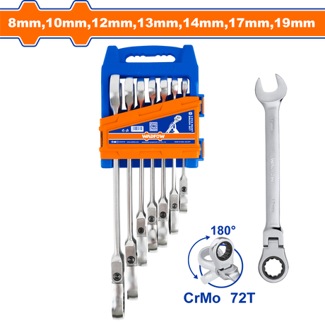 Set 7 chei combinate cap flexibil cu clichet Wadfow, 8-19mm, Cr-V, Cr-Mo