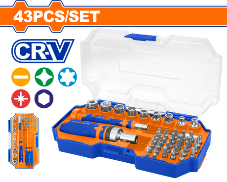 Set biti pentru surubelnita Wadfow, 1/4", include chei, adaptor, support bit, maner cu clichet, Cr-V, 43 piese