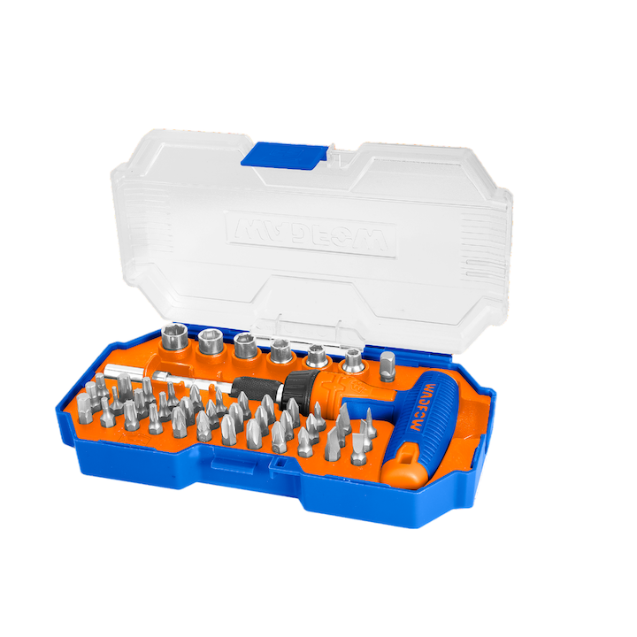 Set biti pentru surubelnita Wadfow, 1/4", include chei, adaptor, support bit, maner cu clichet, Cr-V, 45 piese