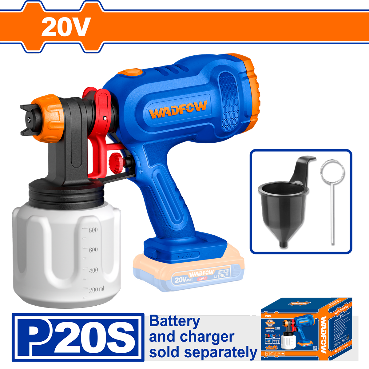 Pistol de vopsit WADFOW 20V – debit 650ml/min, rezervor 800ml, accesorii incluse (fara acumulator si incarcator)