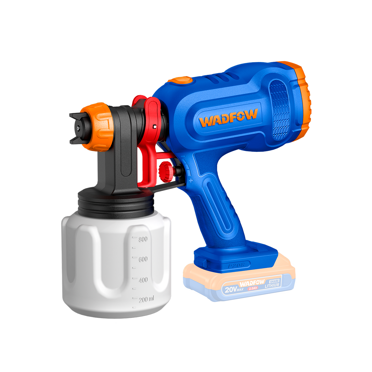 Pistol de vopsit WADFOW 20V – debit 650ml/min, rezervor 800ml, accesorii incluse (fara acumulator si incarcator)