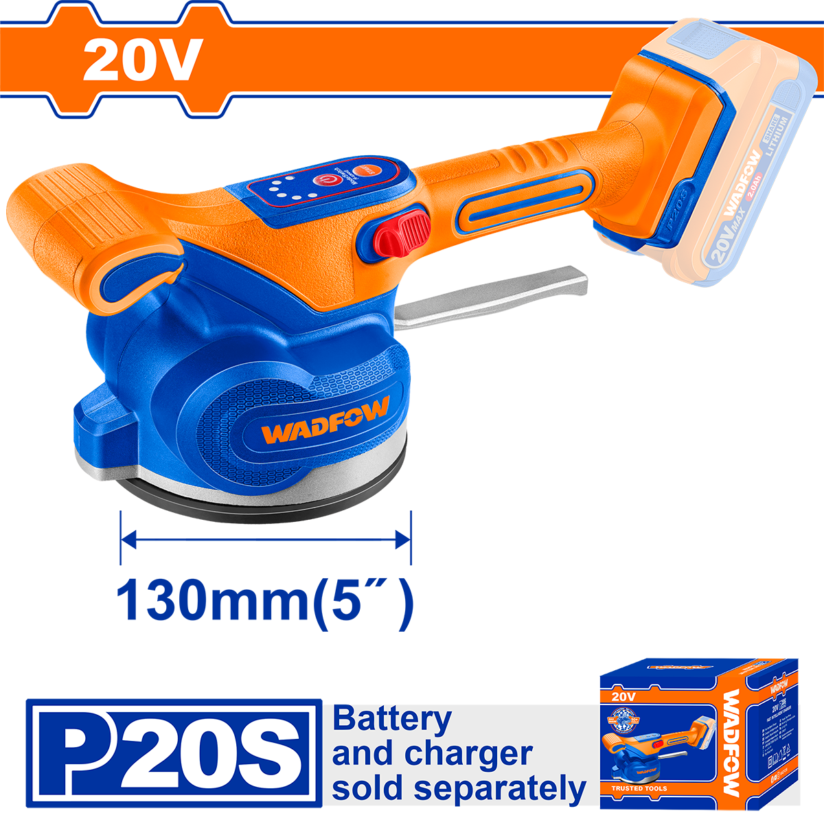 Vibrator cu ventuza pentru placi ceramice WADFOW 20V – 10000 rpm, 130mm, 50kg (nu include acumulator)
