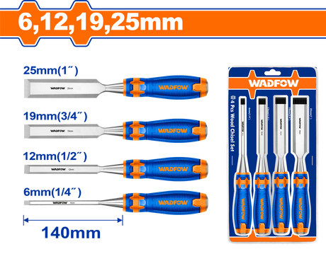 Set 4 dalti pentru lemn Wadfow, lungime 140mm, dimensiuni 6mm, 12mm, 19mm, 25mm
